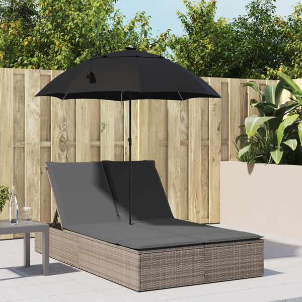vidaXL Double Sun Lounger with Cushions&Parasol Grey Poly Rattan