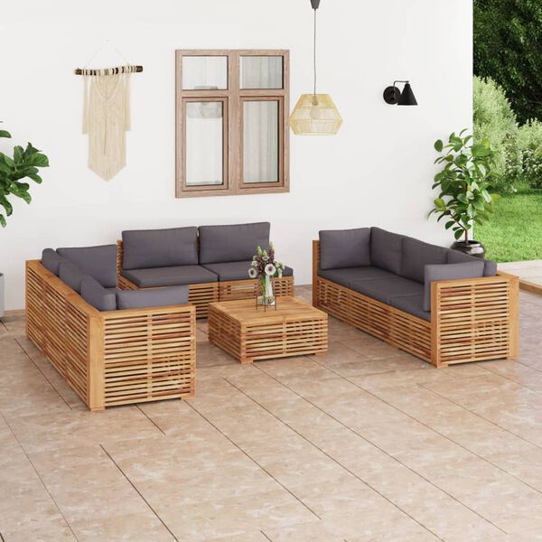 vidaXL 9 Piece Patio Lounge Set with Dark Gray Cushion Solid Teak Wood