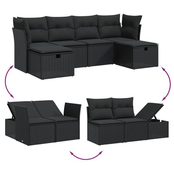 vidaXL Garden Sofa Set Black Poly Rattan, Powder-Coated Steel 6-piece set