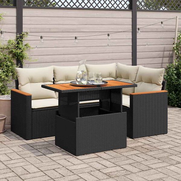 vidaXL 5 Piece Patio Sofa Set with Cushions Black Poly Rattan Acacia