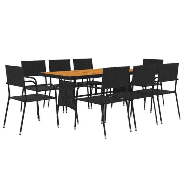 vidaXL Outdoor Dining Set Black PE Rattan, Steel, Solid Acacia Wood Large