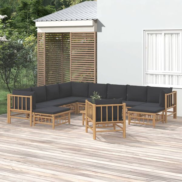 vidaXL Garden Lounge Set Dark grey cushions, natural bamboo frame