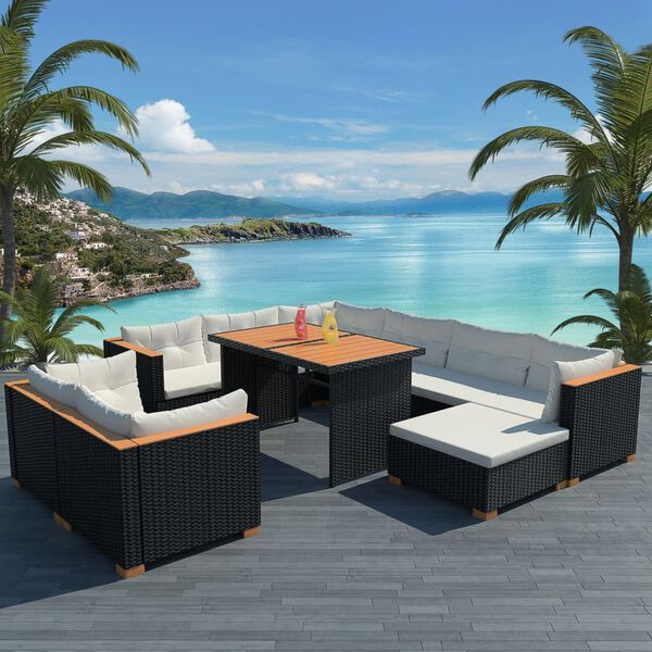 vidaXL Outdoor Dining Set Black and Brown PE rattan, WPC, Polyester, Steel