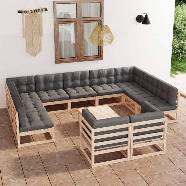 vidaXL Garden Lounge Set Natural wood, Grey cushions