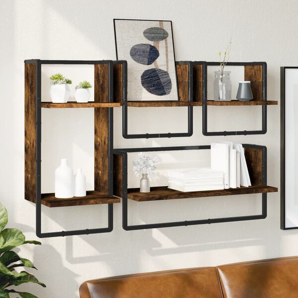 vidaXL Wall Shelf Set Set of 4 Smoked oak Engineered wood, metal Medium