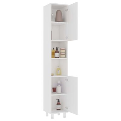 Tall white cabinet inside view with multiple shelves and bottles on display.