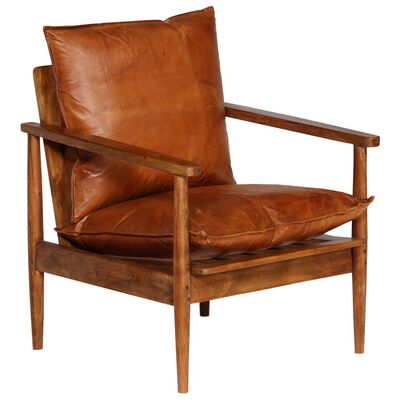 vidaXL Armchair Brown Real Leather with Acacia Wood