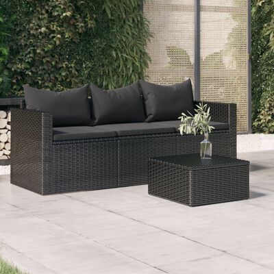 vidaXL 3-Seater Patio Sofa with Cushions Black Poly Rattan