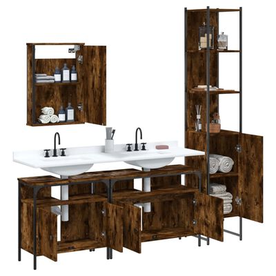 Open cabinet doors revealing storage shelves with bathroom essentials; tall pantry cabinet and a wall cabinet with an open door; two sinks with faucets.