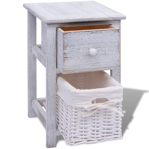 vidaXL Bedside Cabinet Set of 2 White Paulownia wood, Wicker Compact