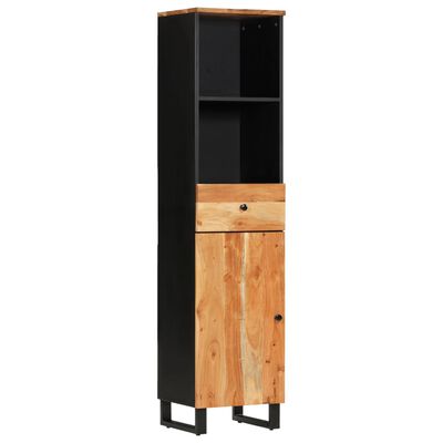 Narrow tall cabinet with open shelving at top, a small drawer, and a wooden cabinet door at bottom; black frame.
