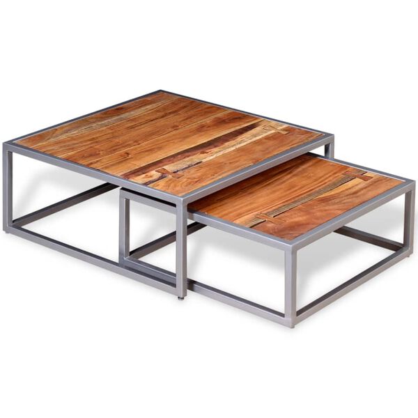 vidaXL Coffee Table Set of 2 Brown Solid acacia wood, steel Medium