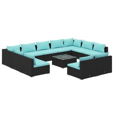 vidaXL 12 Piece Patio Lounge Set with Cushions Black Poly Rattan