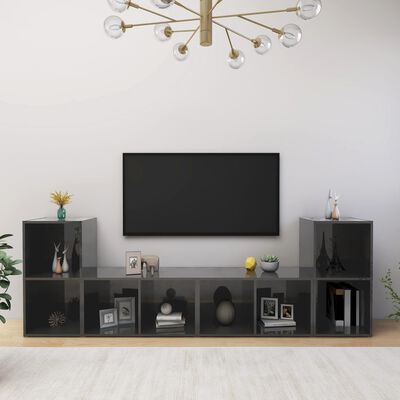vidaXL TV Cabinets 4 pcs High Gloss Gray 28.3"x13.8"x14.4" Chipboard