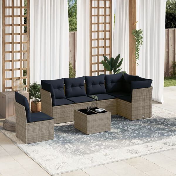 vidaXL 7 Piece Patio Sofa Set with Cushions Gray Poly Rattan
