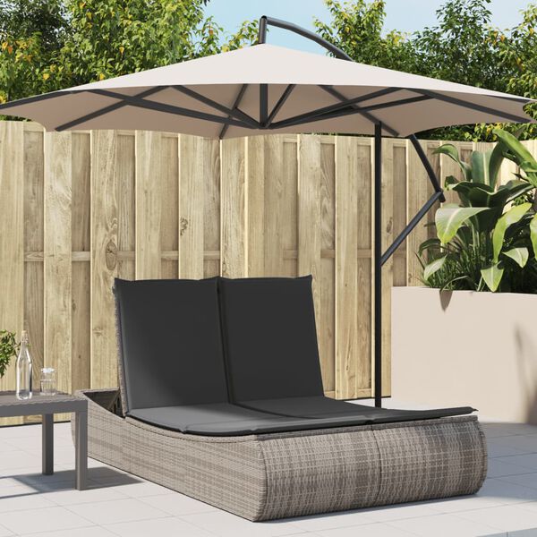 vidaXL Double Sun Lounger with Cushions Grey Poly Rattan