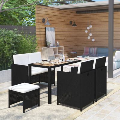 vidaXL 6 Piece Patio Dining Set Poly Rattan and Acacia Wood Black