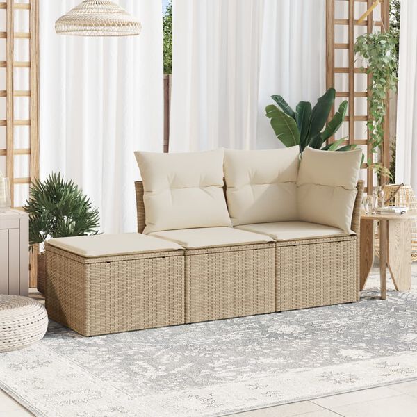 vidaXL Garden Sofa Set Beige PE rattan 3 Piece Set Adjustable Feet
