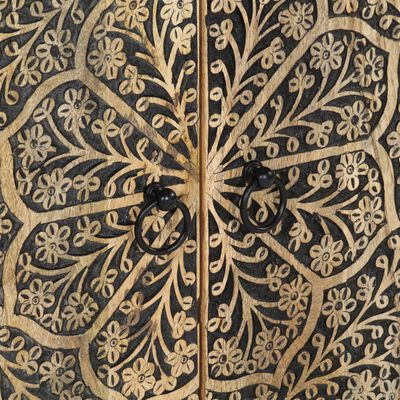 Decorative floral pattern on cabinet doors with black background and metal ring handles