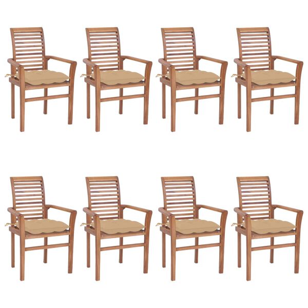 vidaXL Dining Chair Set of 8 Teak wood with beige cushions