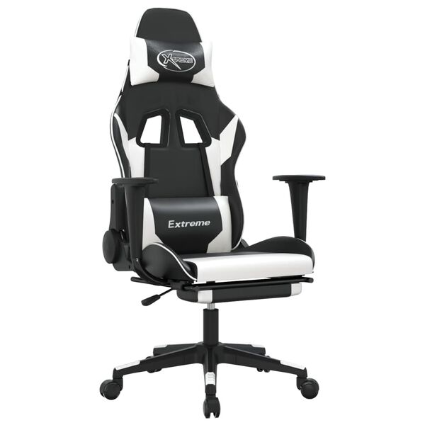 vidaXL Gaming Chair with Footrest Black and White Faux Leather