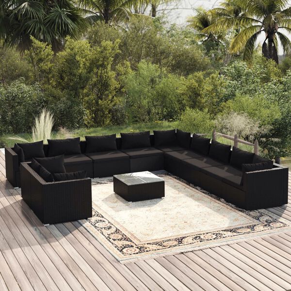 vidaXL Garden Lounge Set Black PE rattan, powder-coated steel, plastic
