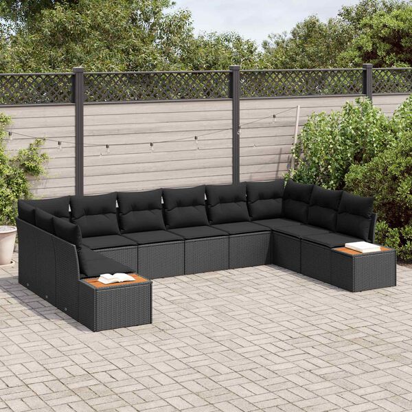 vidaXL Garden Sofa Set with Cushion 10 pcs Black Poly Rattan