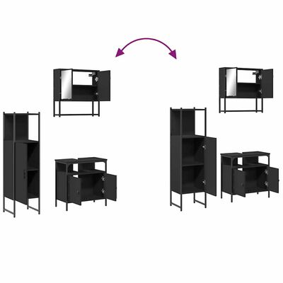 assembly/rotation diagram showing multiple views of black bathroom furniture pieces