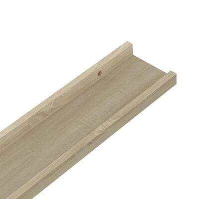 Perspective of wooden wall shelf showing inner groove and joined ends