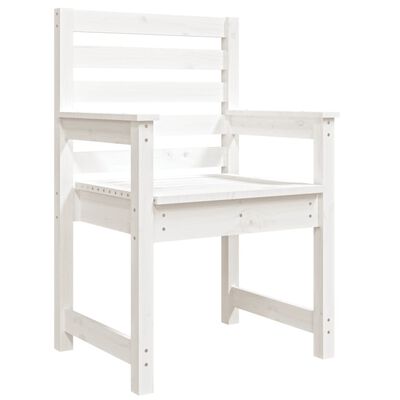 White wooden armchair with built-in side table on the right and back support, photographed from a three-quarter view.