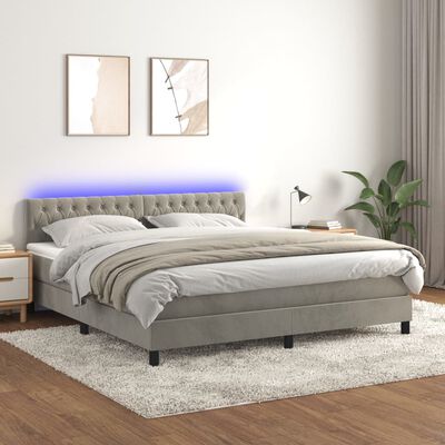 vidaXL Box Spring Bed with Mattress&LED Light Gray King Velvet