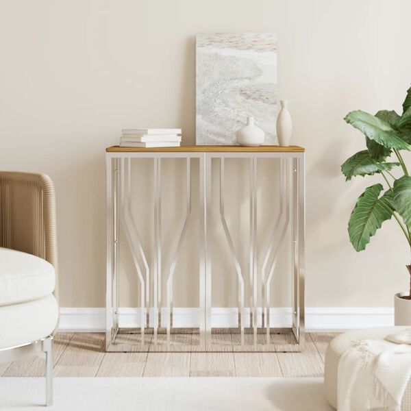 vidaXL Console Table Silver Stainless Steel, Solid Acacia Wood