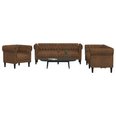 Brown tufted three-piece living room set with sofa and two chairs arranged around a coffee table