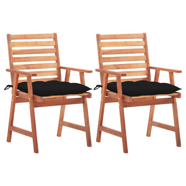 vidaXL Patio Chair Set of 2 Brown, Black Solid Acacia Wood, 100% Polyester