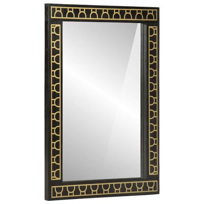 A tall rectangular wall mirror with black frame and gold geometric border.