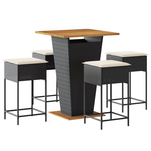 vidaXL 5 Piece Patio Bar Set with Cushions Black Poly Rattan