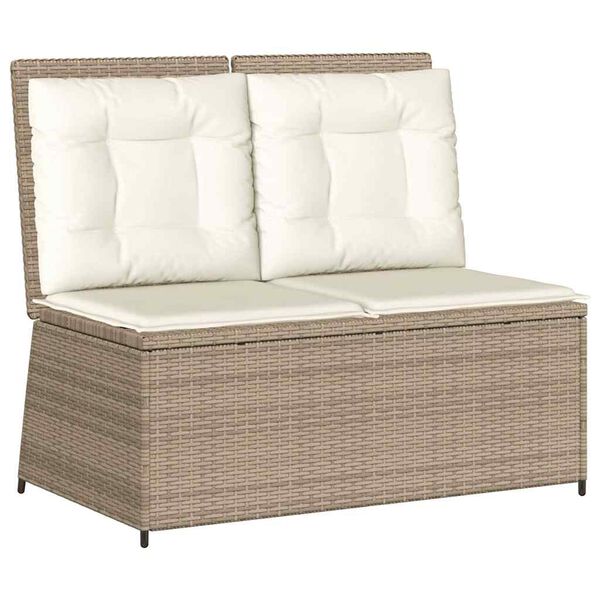 vidaXL Reclining Patio Bench Beige, Cream Poly Rattan, Powder-Coated Steel