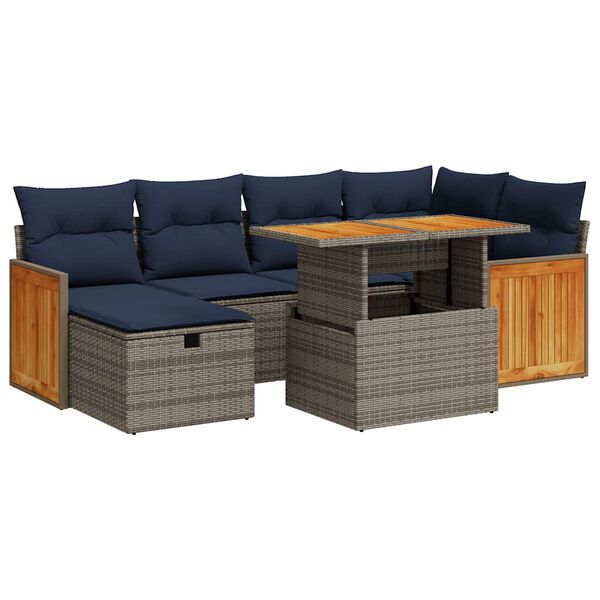 vidaXL 7 Piece Patio Sofa Set with Cushions Grey Poly Rattan Acacia