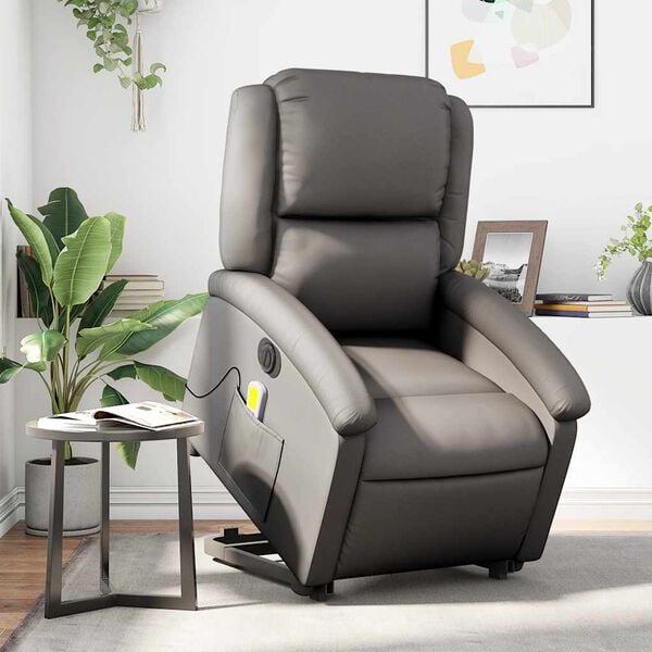 vidaXL Electric Stand Up Massage Recliner Chair Gray Real Leather Standard