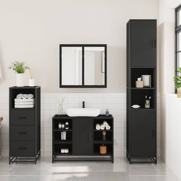 vidaXL Bathroom Furniture Set Black Engineered wood, metal, glass Standard