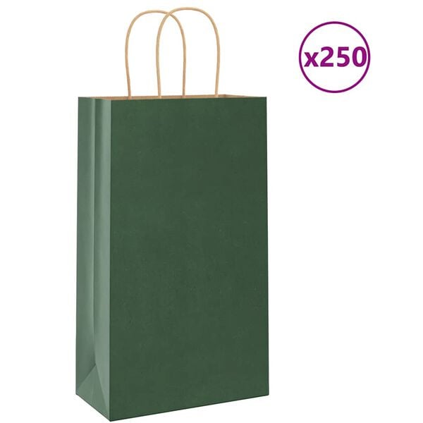 vidaXL Paper Bags 250 pcs with Handles Green 21x11x36 cm