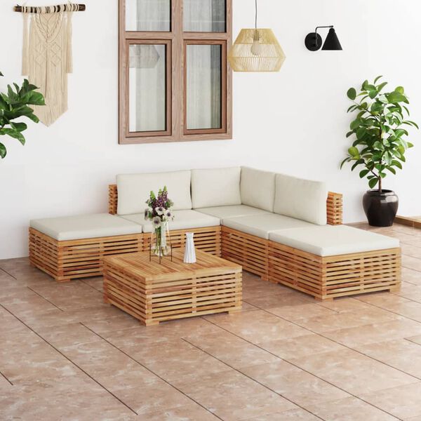 vidaXL 6 Piece Patio Lounge Set with Cream Cushion Solid Teak Wood