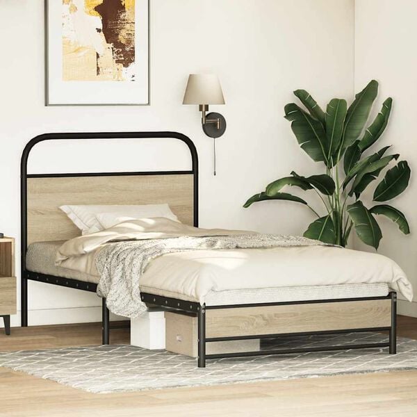 vidaXL Bed Frame Sonoma Oak Steel, Engineered Wood Twin