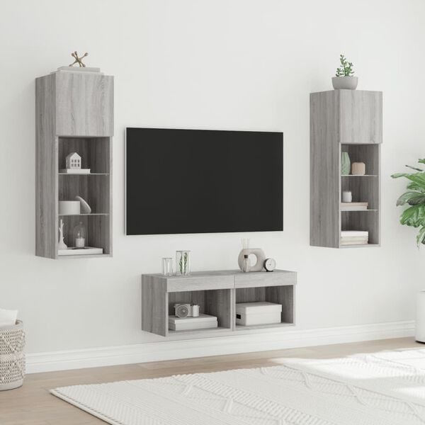 vidaXL 4 Piece TV Wall Stands with LED Lights Gray Sonoma