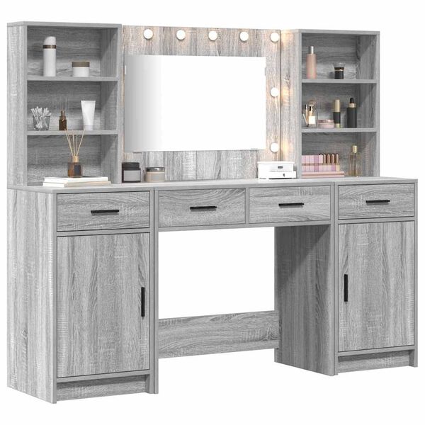 vidaXL Dressing Table Set with LED 3 pcs Grey Sonoma Engineered Wood