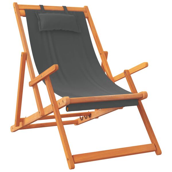 vidaXL Folding Beach Chair Set of 2 Grey Solid eucalyptus wood Medium