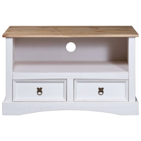 vidaXL TV Cabinet White body and brown top Solid Pine wood TV Cabinet