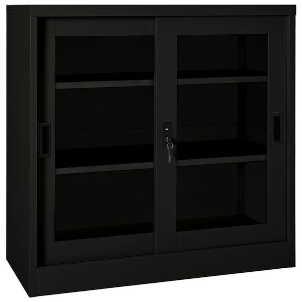 vidaXL Sliding Door Cabinet Black Steel, Tempered Glass Medium
