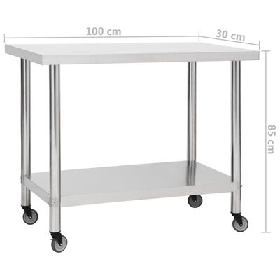 vidaXL Kitchen Work Table with Wheels 39.4"x11.8"x33.5" Stainless Steel