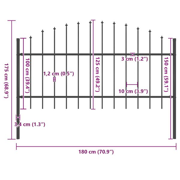 vidaXL Garden Fence with Spear Top Steel 66.9x49.2" Black